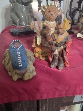 Trio of Decorative Native & Bear Figurines - Earth Tones with Blue Accent
